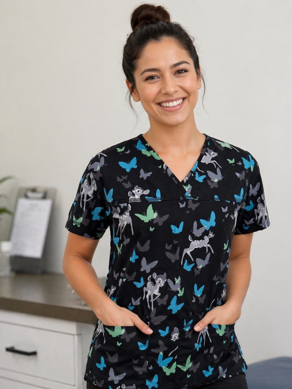 DISNEY Tooniforms Cherokee Flexibles V-Neck Scrub Top - Butterfly Bambi